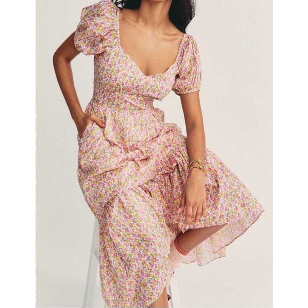 LoveShackFancy Angie Pink Puff Sleeve Midi Dress in Fruity Punch